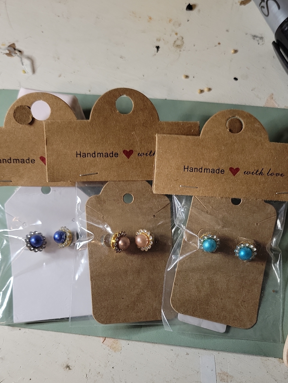 Handmade Set Of 3 Blue and Turquoise Pearl Stud Earrings - Women's Jewelry